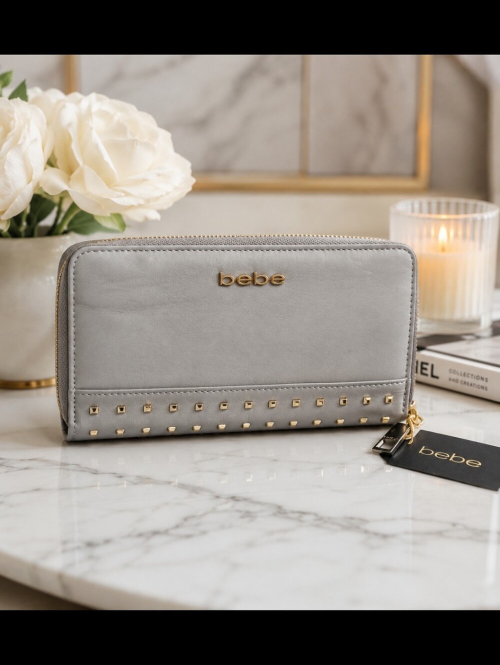 bebe White Wallet with Gold Studs - NEW WITH TAG